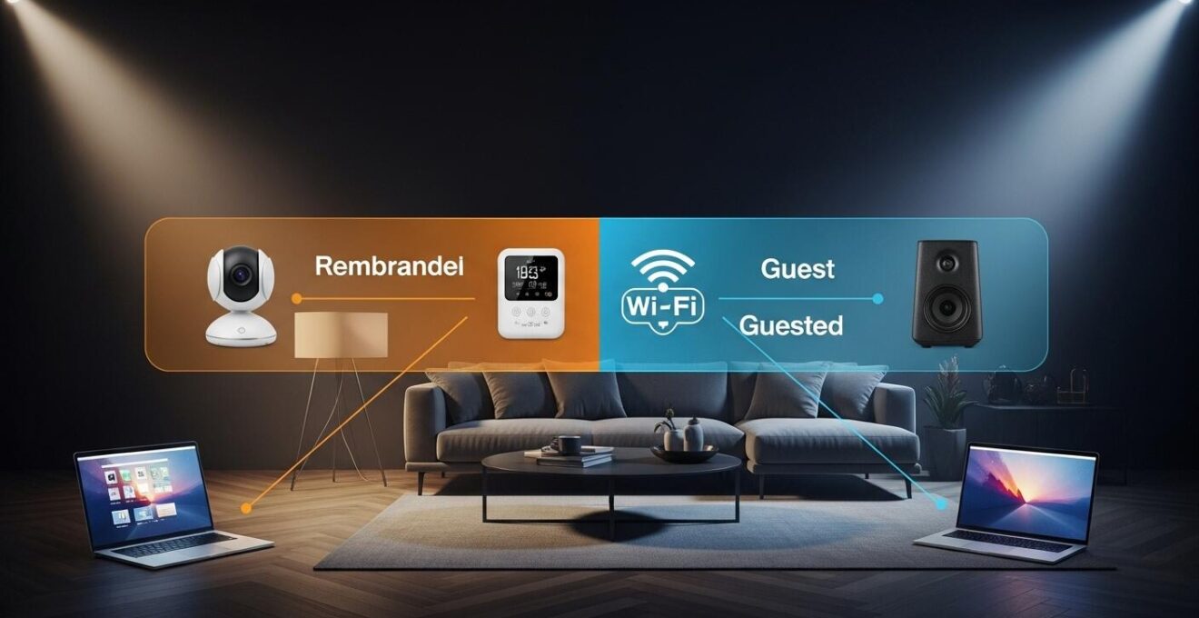 Schema visivo di una rete Wi-Fi separata per la quarantena digitale IoT, ambientato in una casa italiana.