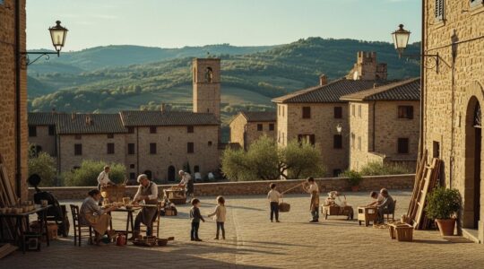 Vista panoramica di un borgo italiano tradizionale con abitanti che interagiscono, campagna rigogliosa e attività locali tipiche