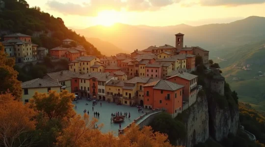 Vista panoramica di un borgo italiano rinato con abitazioni restaurate e comunità viva