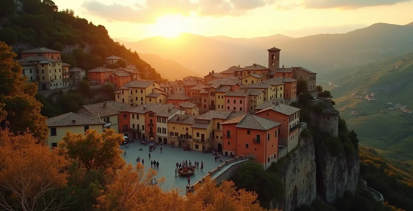 Vista panoramica di un borgo italiano rinato con abitazioni restaurate e comunità viva