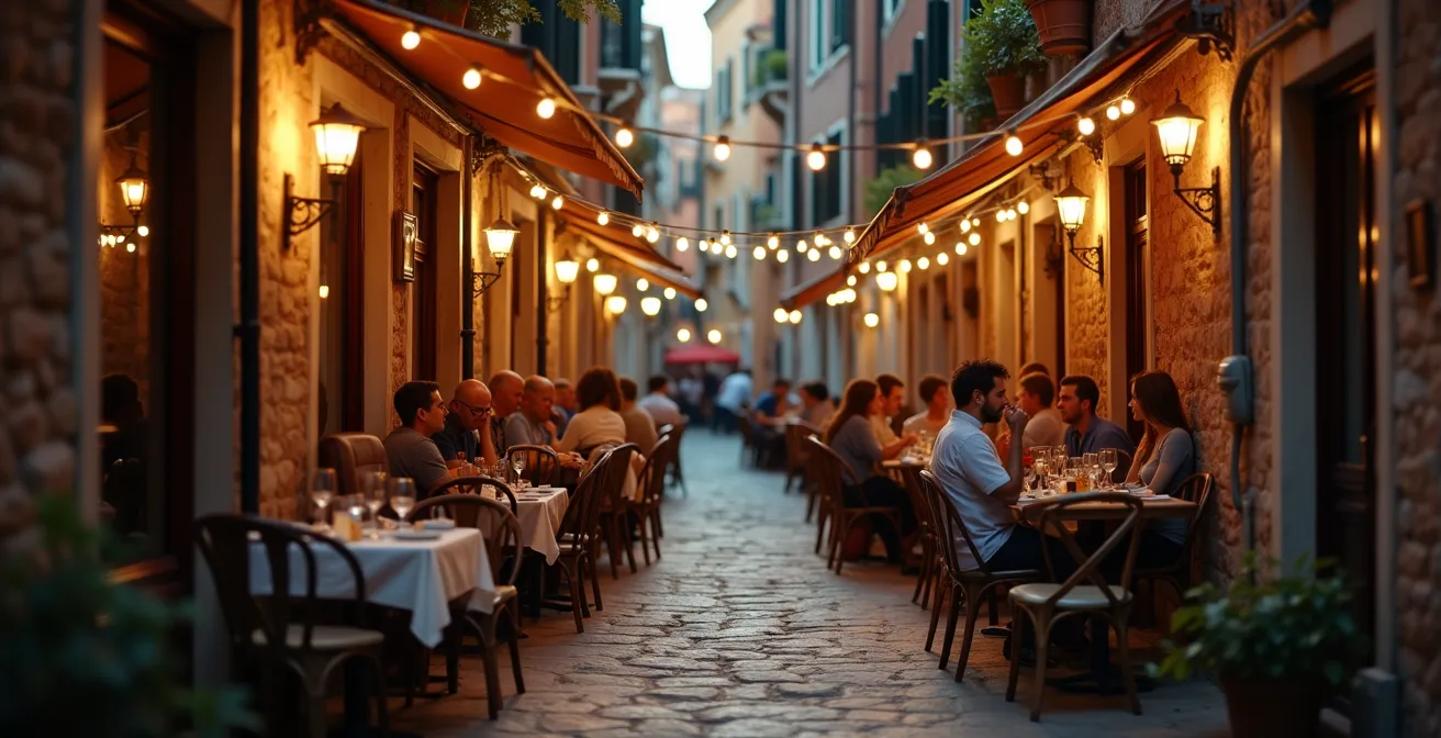 Dettaglio di una tipica osteria veneziana autentica con tavoli esterni stretti tra edifici storici vicino a Piazza San Marco