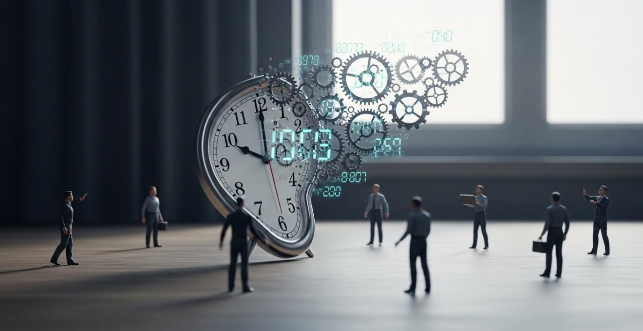 Illustrazione simbolica che rappresenta un orologio fuso trasformato in ingranaggi digitali con figure umane liberate da attività ripetitive
