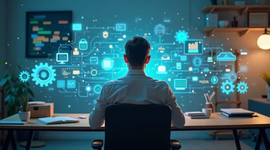 Concetto visivo della rivoluzione dell'automazione del lavoro con elementi di produttività, ingranaggi tecnologici e libertà dal lavoro ripetitivo