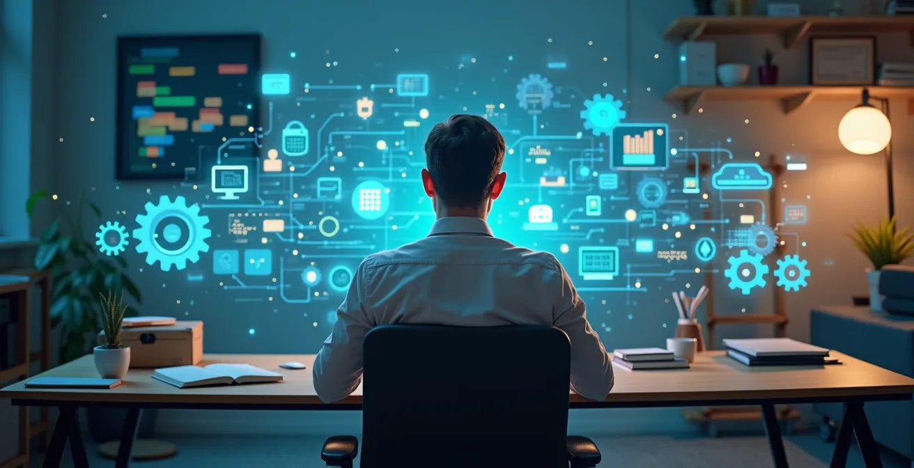 Concetto visivo della rivoluzione dell'automazione del lavoro con elementi di produttività, ingranaggi tecnologici e libertà dal lavoro ripetitivo