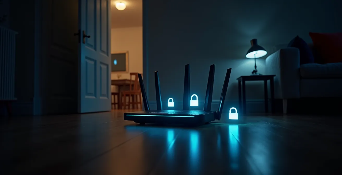Rappresentazione simbolica di una porta aperta con un router Wi-Fi e dispositivi connessi con lucchetti per la sicurezza, evidenziando la rete ospiti