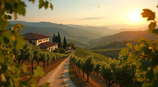 Paesaggio italiano con vigneti, oliveti, e casali rurali per un itinerario enogastronomico