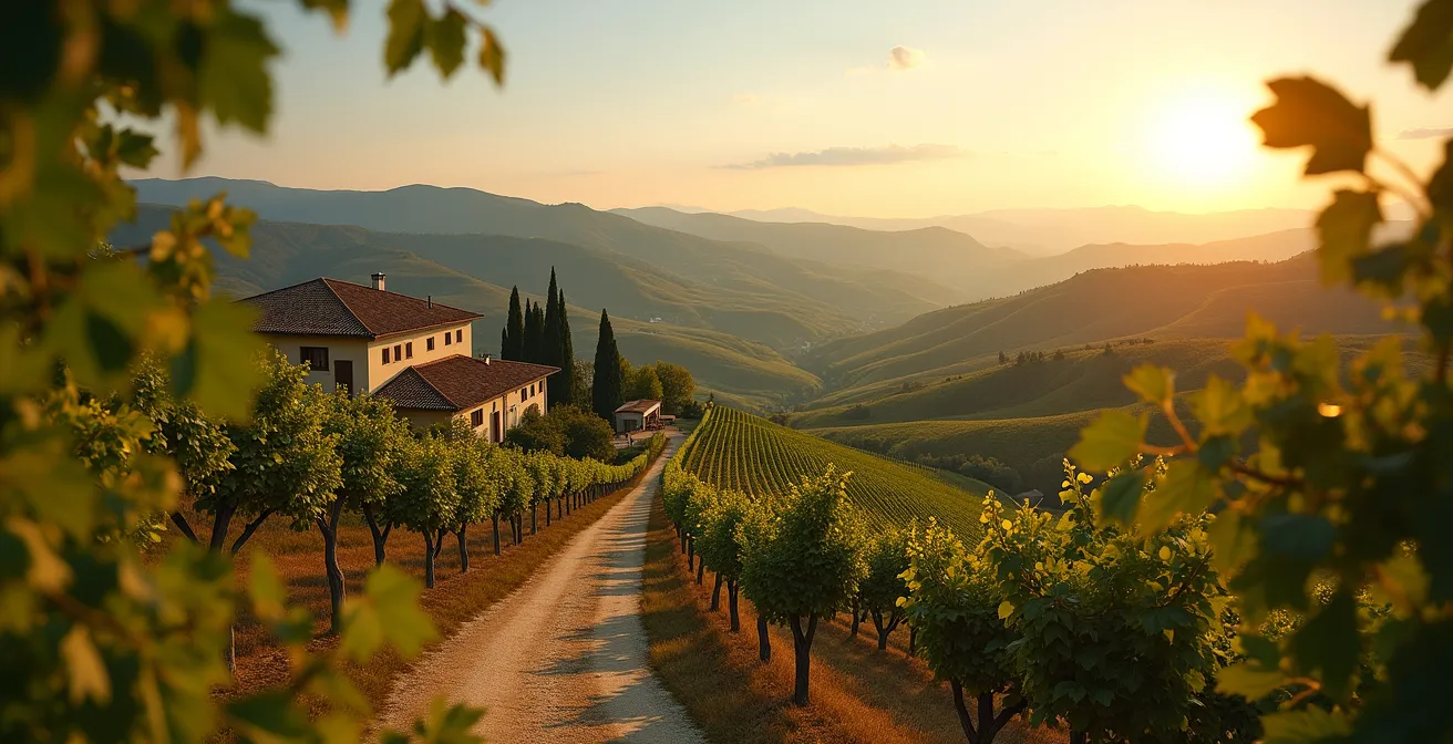 Paesaggio italiano con vigneti, oliveti, e casali rurali per un itinerario enogastronomico