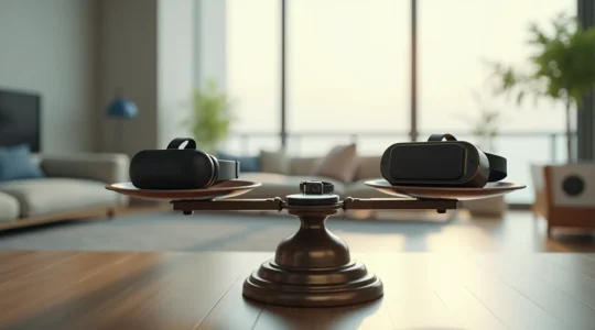 Bilancia simbolica con dispositivi tecnologici utili su un piatto e gadget invenduti sull'altro