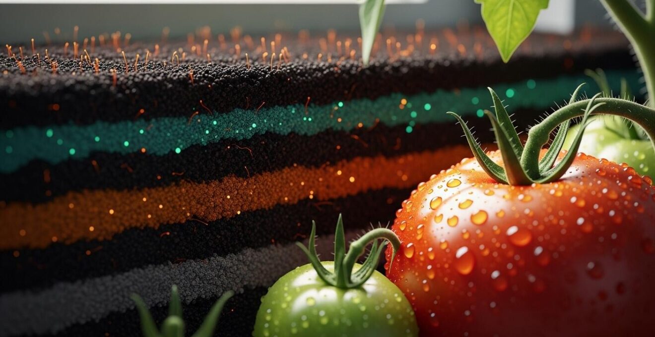 Rappresentazione dettagliata del terroir vulcanico con pomodori, suolo microrganico e effetti dello stress idrico positivo