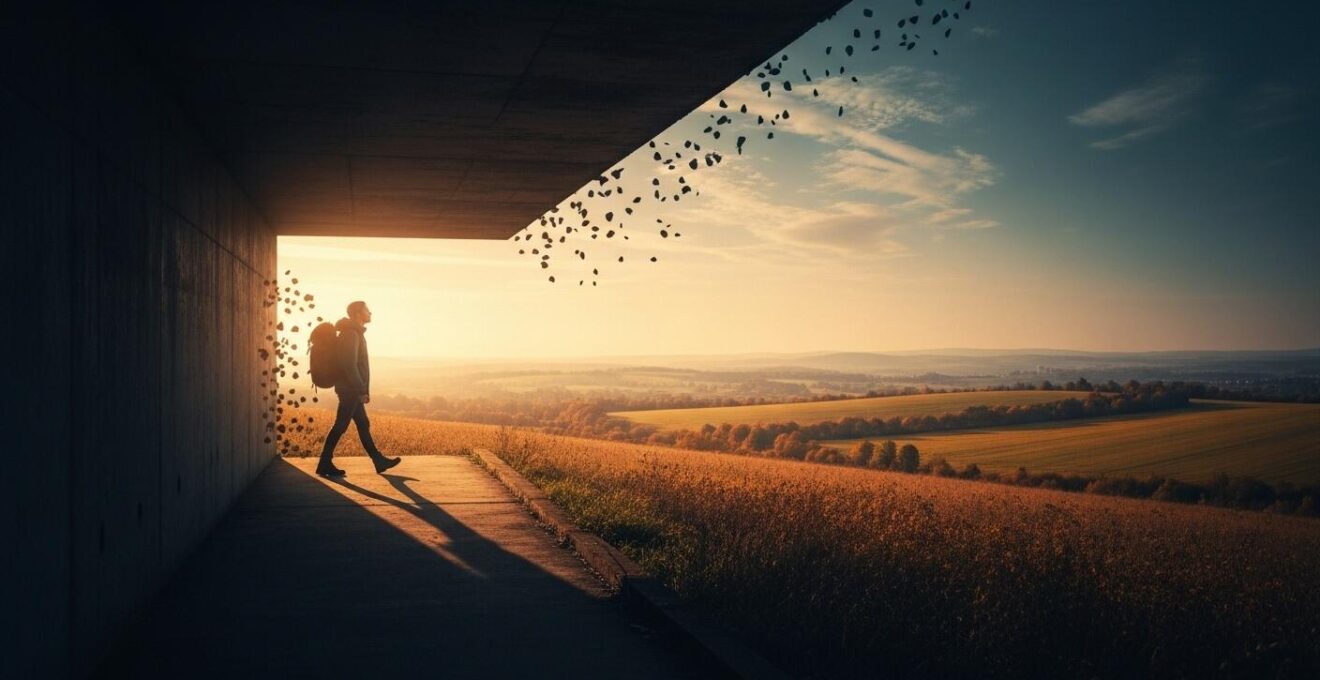 Viaggiatore che attraversa un paesaggio variegato simbolizzando la crescita personale e l'uscita dalla comfort zone