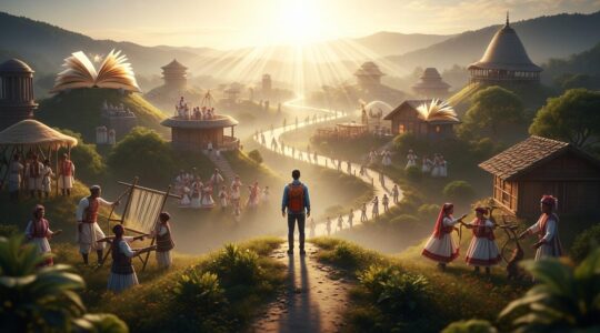 Viaggiatore che contempla un paesaggio culturale con elementi simbolici di crescita personale