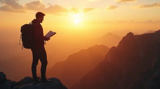 Viaggiatore solitario su una cima rocciosa al tramonto con zaino e diario aperto, simbolo di crescita personale