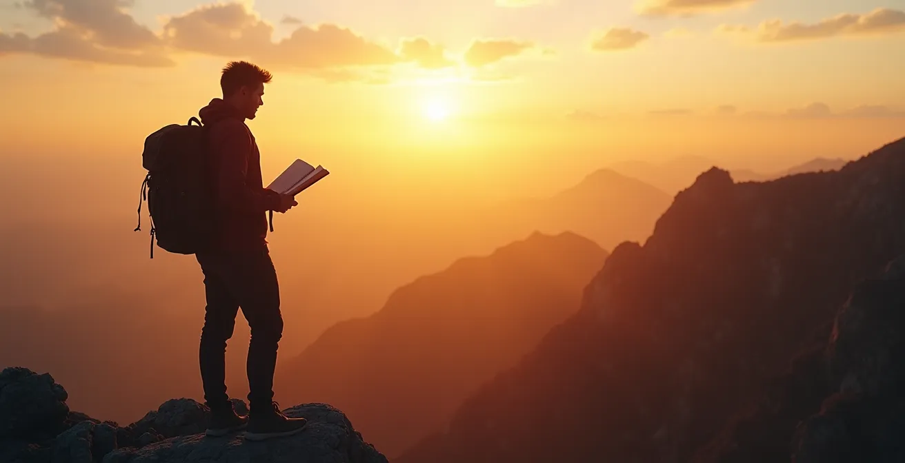 Viaggiatore solitario su una cima rocciosa al tramonto con zaino e diario aperto, simbolo di crescita personale
