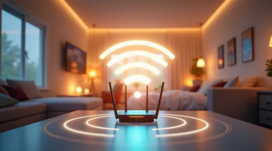 Rappresentazione visiva di una casa moderna con router Wi-Fi centrale che irradia un segnale forte e stabile in ogni stanza