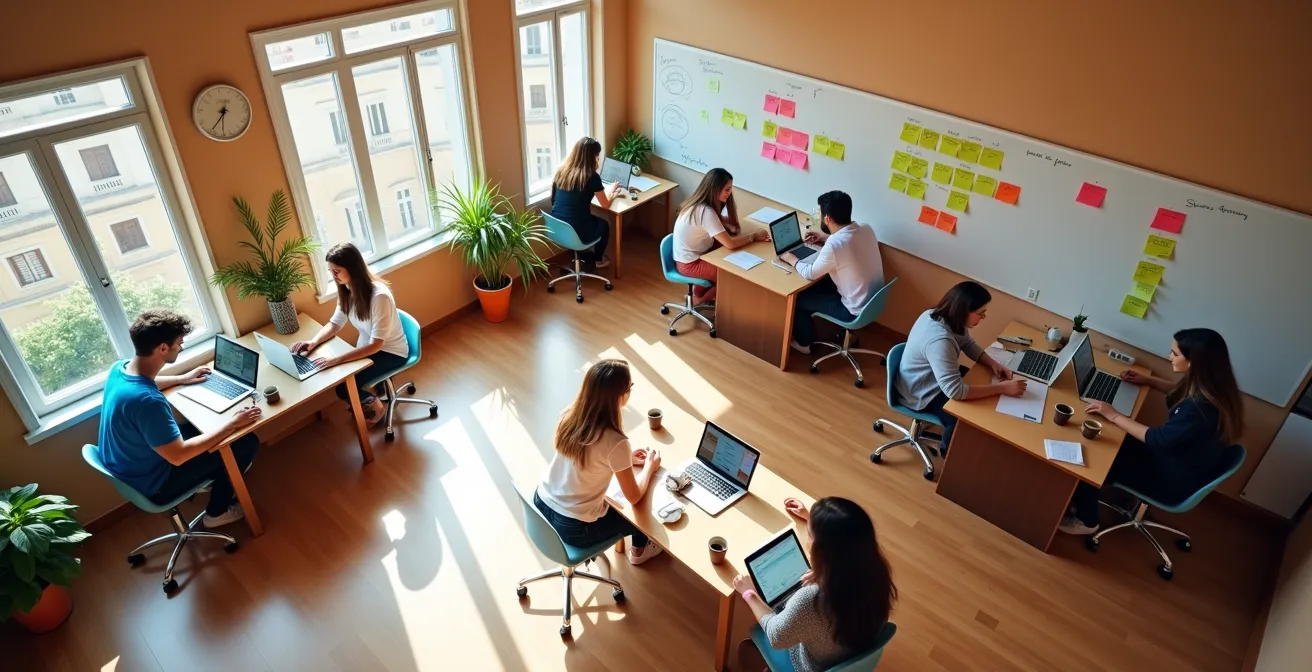 Vista dall'alto di un piccolo team italiano che lavora in modo agile in un ambiente accogliente