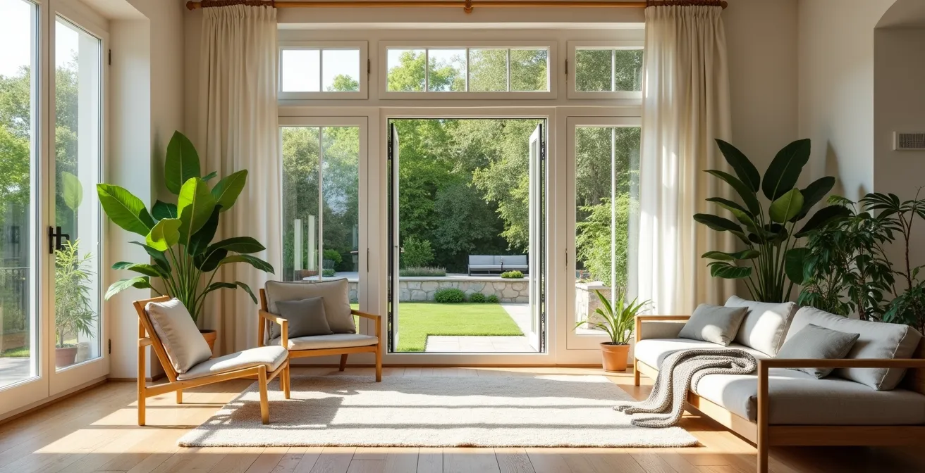 Soggiorno luminoso con materiali naturali, piante e ampie finestre che creano connessione con l'esterno