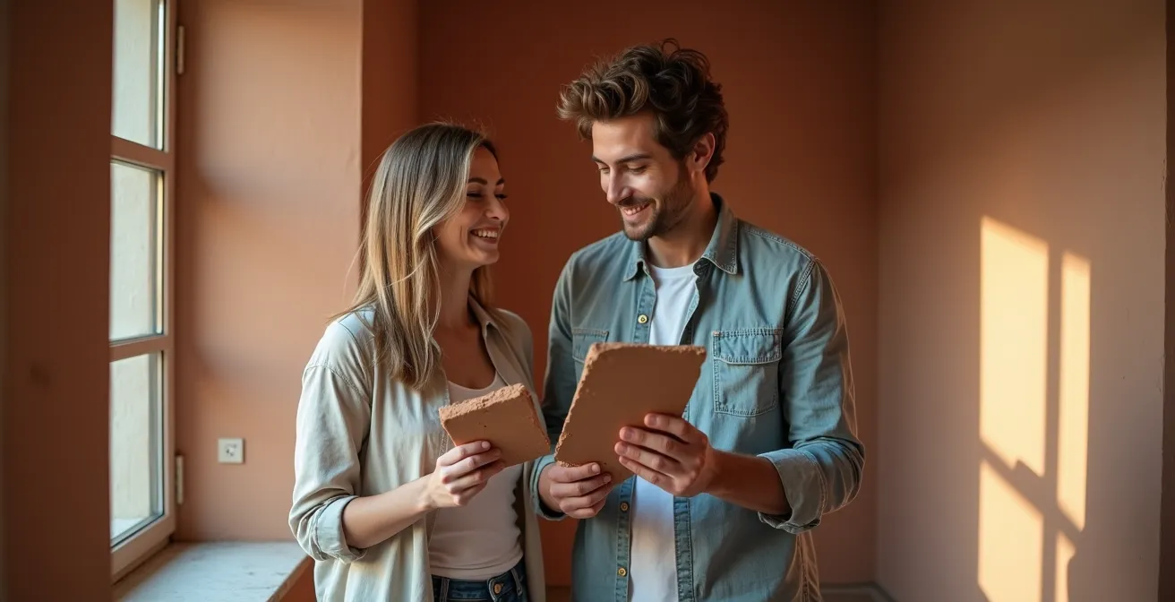 Interno di appartamento ristrutturato di 80mq con parete in terra cruda e pavimento in legno certificato