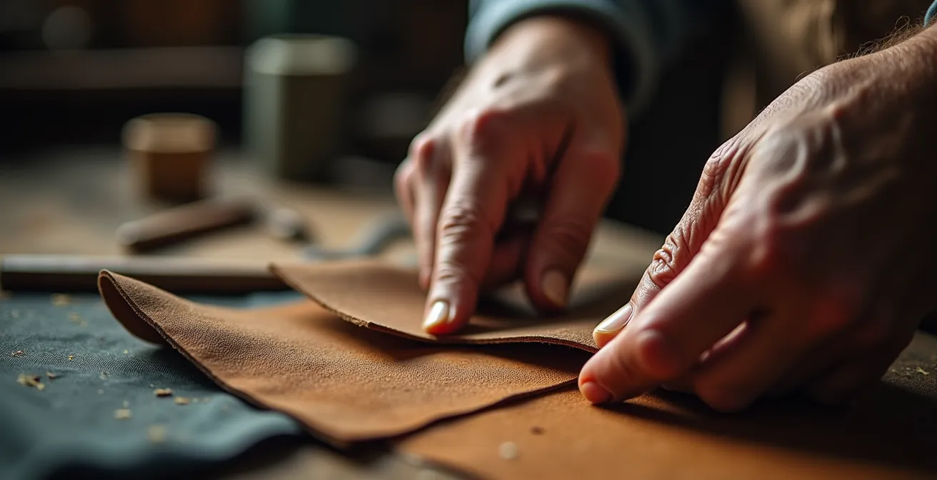 Ritratto ravvicinato di mani artigiane che lavorano materiali pregiati con luce naturale calda