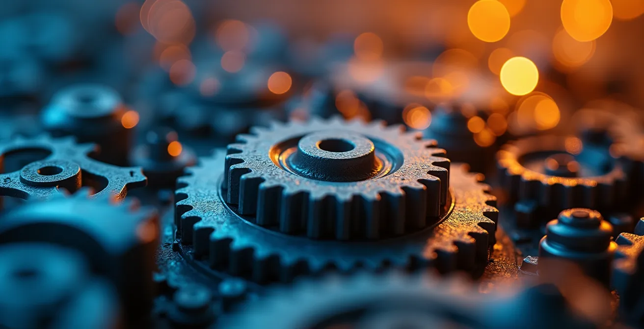 Visualizzazione macro di ingranaggi che si trasformano in flussi di dati digitali