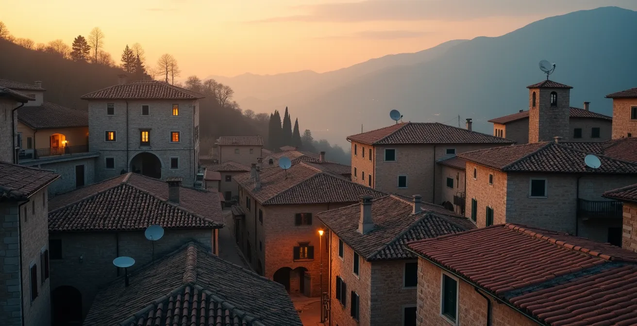Vista aerea di un piccolo borgo italiano con antenne satellitari moderne sui tetti antichi