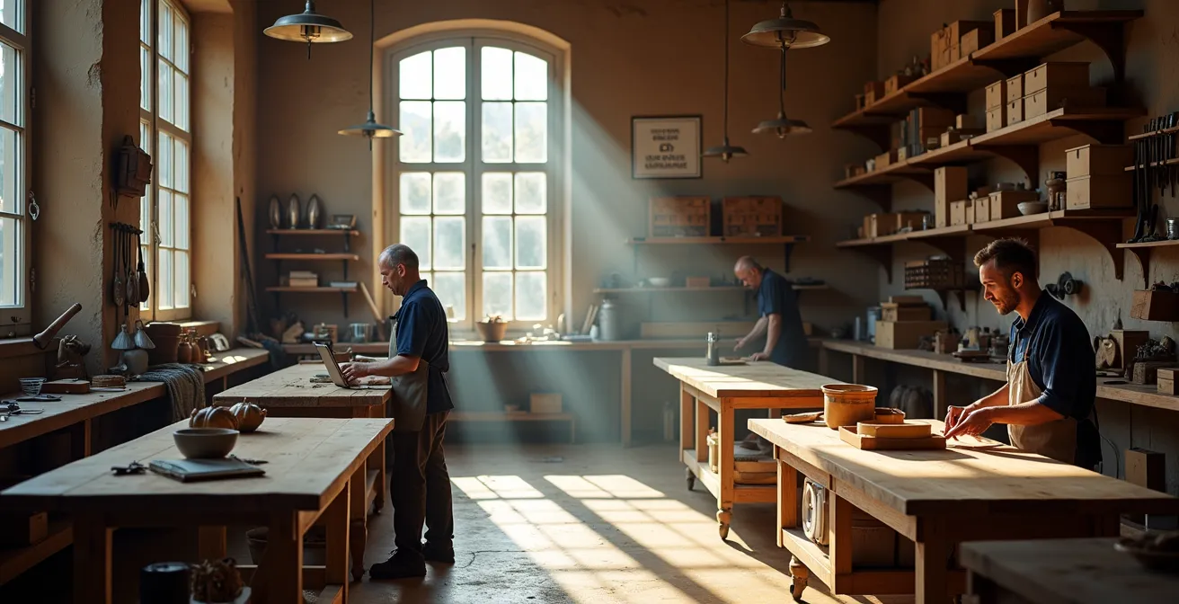 Vista panoramica di una bottega artigiana italiana che integra gradualmente tecnologia digitale mantenendo l'operatività tradizionale