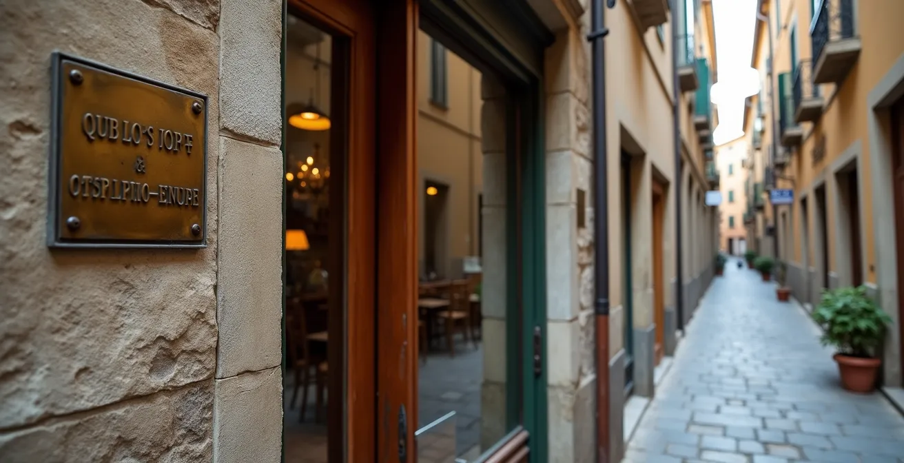 Dettaglio di una targa Bottega Storica su un portone antico in Italia