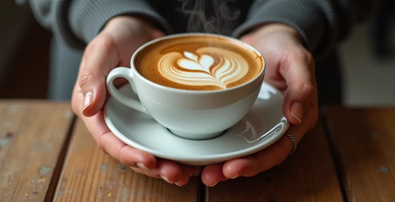 Mani che tengono una tazzina di caffè espresso con vapore che sale in una cucina italiana luminosa