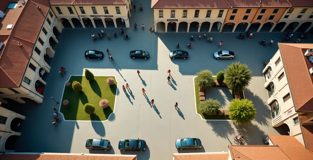 Vista aerea di una piazza italiana trasformata da parcheggio in spazio verde pedonale