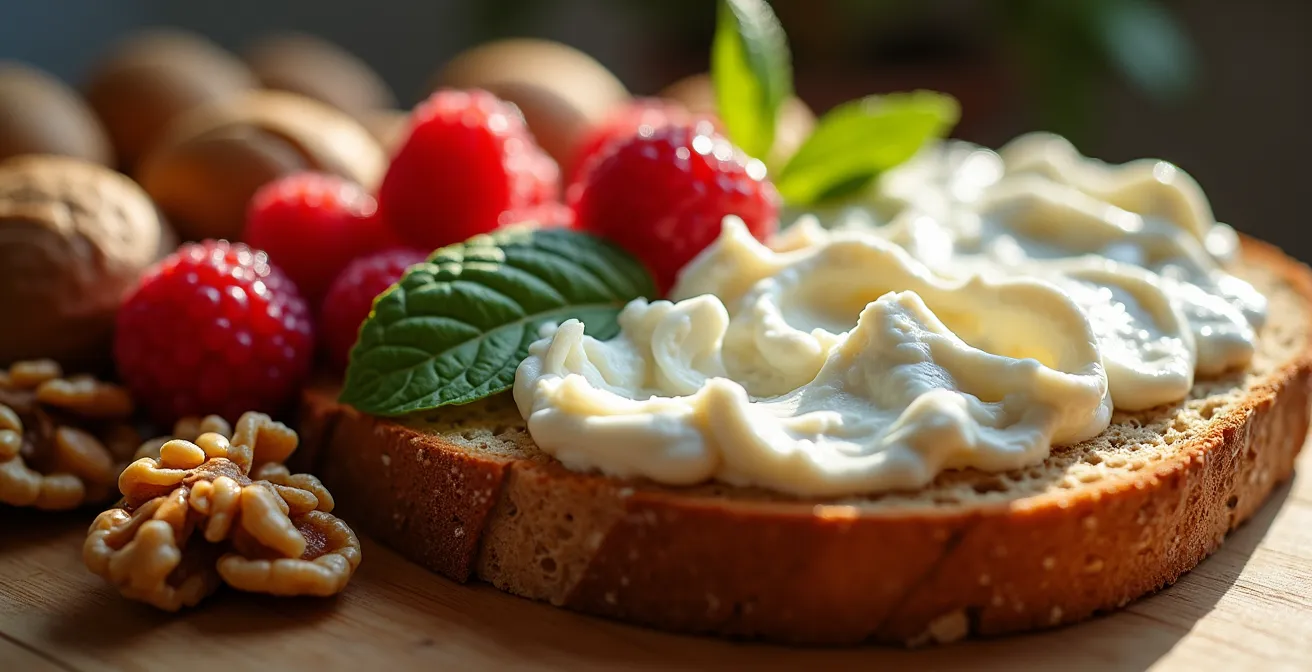 Tavola italiana con colazione equilibrata di pane integrale, ricotta e noci