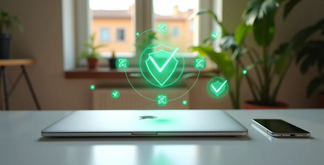 Postazione di lavoro con dispositivi protetti e icone di sicurezza astratte