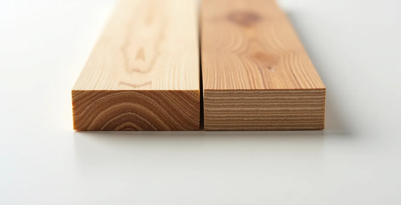 Vista laterale comparativa tra una sezione di legno massello e un pannello laminato mostrando le differenze strutturali