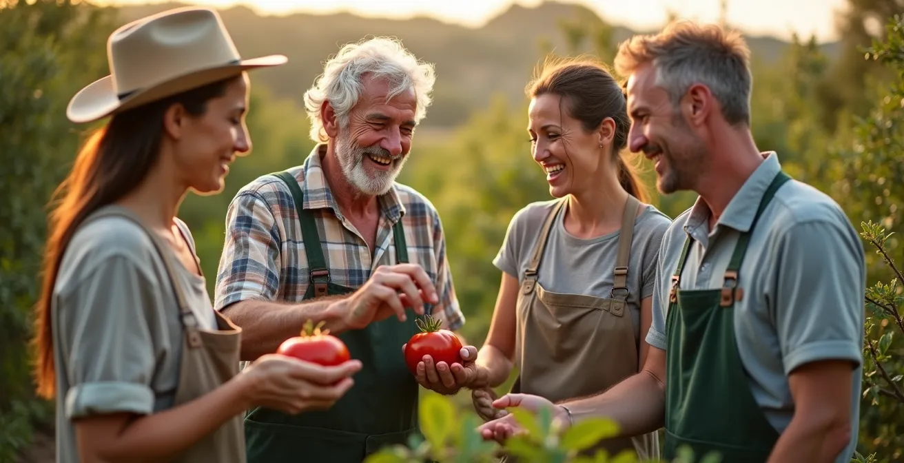 Coppia di ospiti che interagisce con i proprietari dell'agriturismo durante la raccolta nell'orto