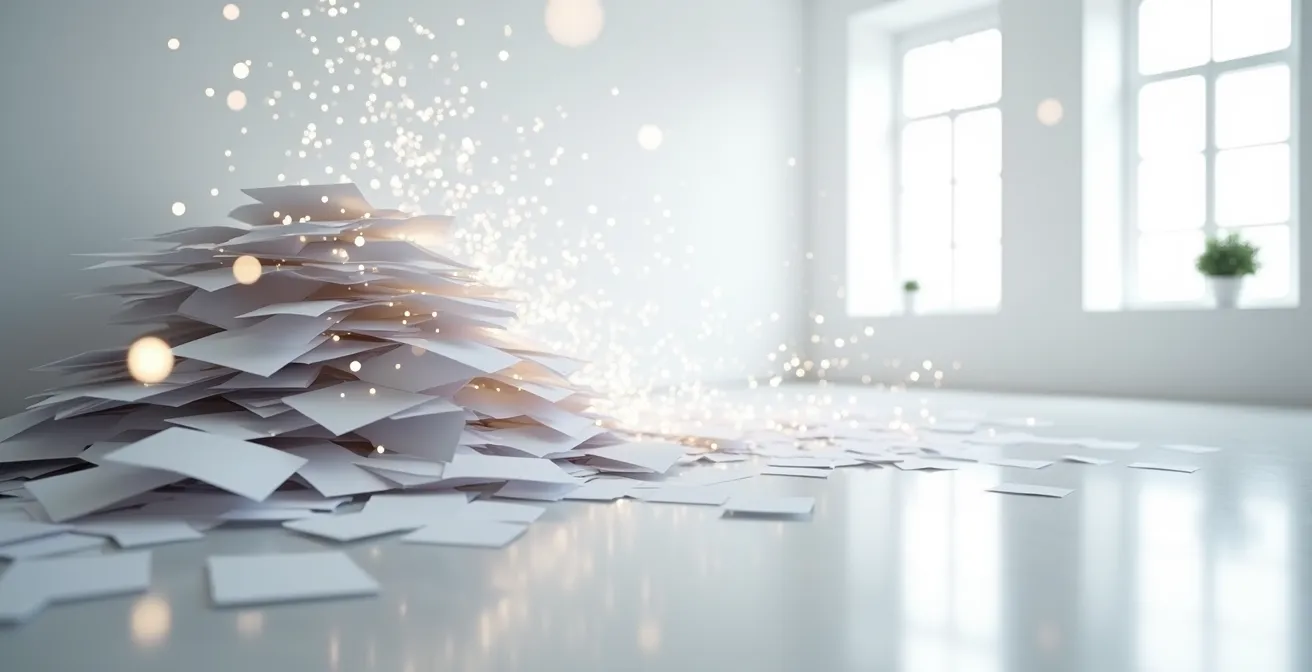 Visualizzazione astratta del debito digitale aziendale con documenti e tempo sprecato