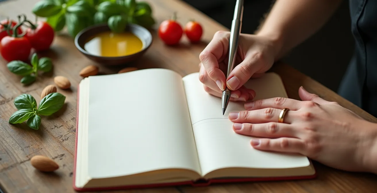 Mani che annotano su un diario alimentare circondato da cibi freschi italiani