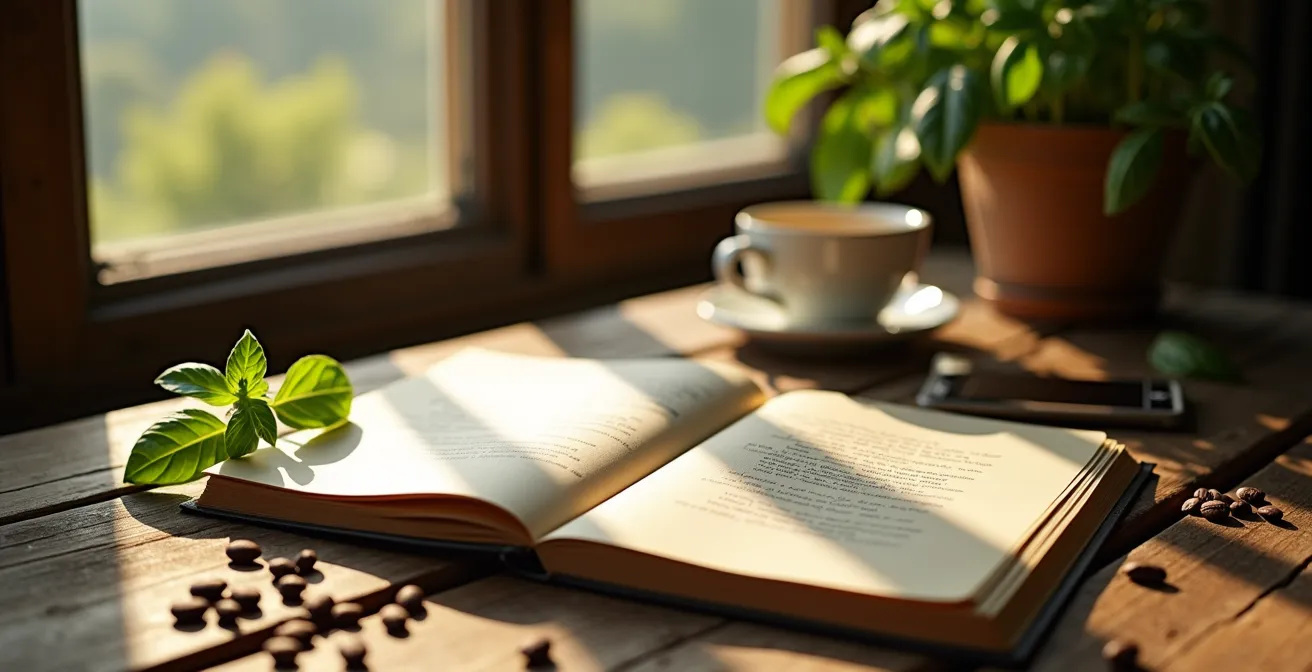 Diario aperto con petali di basilico e chicchi di caffè sparsi intorno