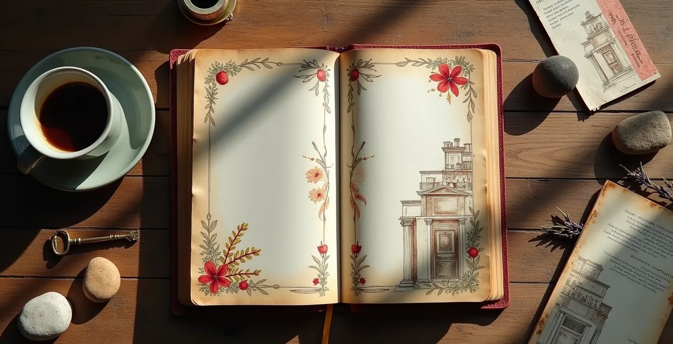 Diario aperto con schizzi e note di viaggio su tavolo con oggetti ricordo