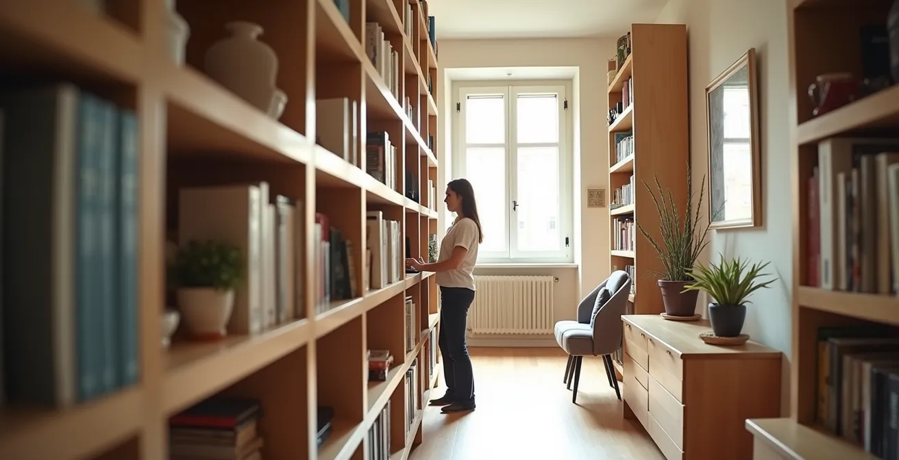 Libreria divisoria passante che separa delicatamente zona soggiorno e angolo studio mantenendo la luminosità