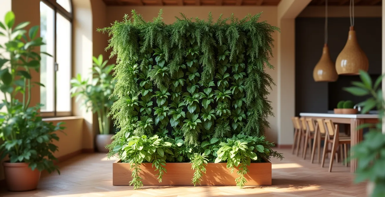 Sistema di giardino verticale che separa elegantemente il soggiorno dalla zona pranzo in un appartamento italiano