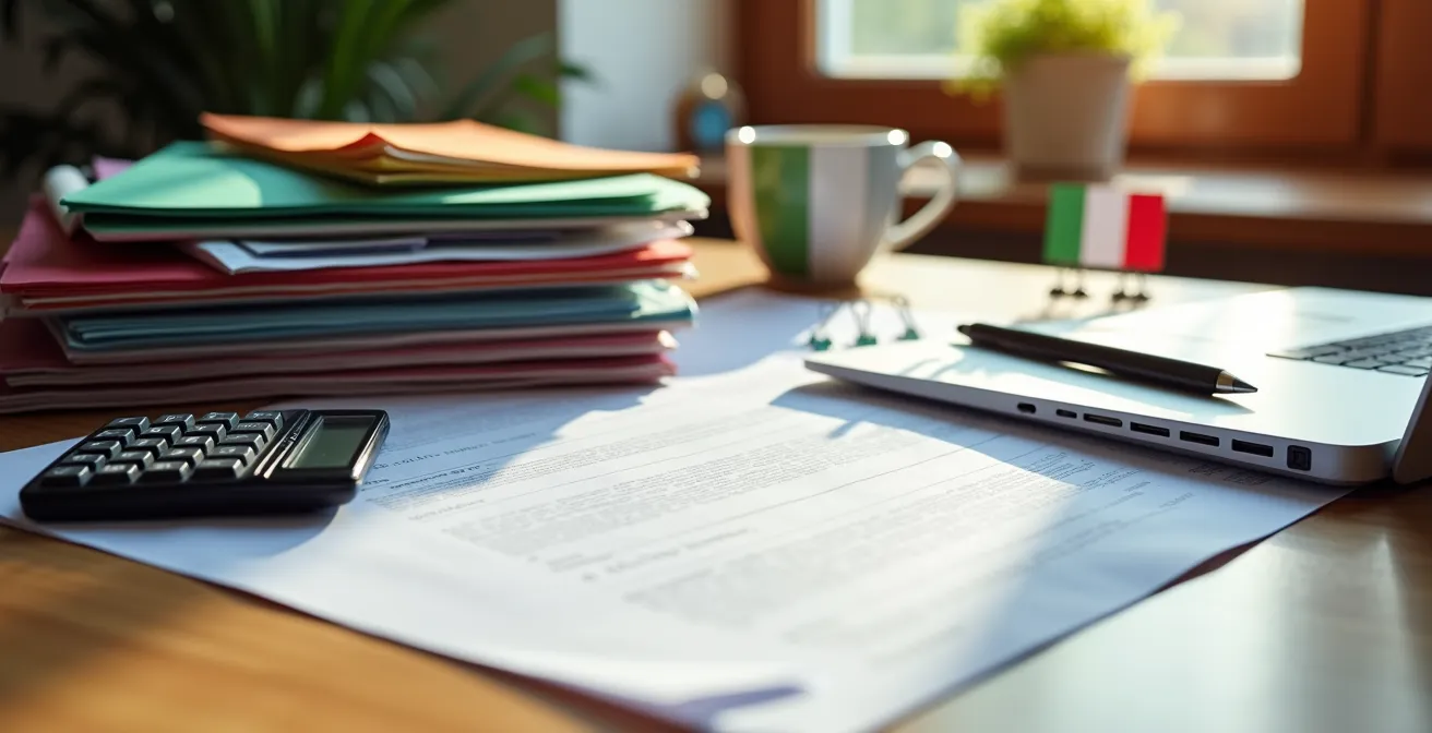 Documenti per Ecobonus organizzati su scrivania italiana con calcolatrice