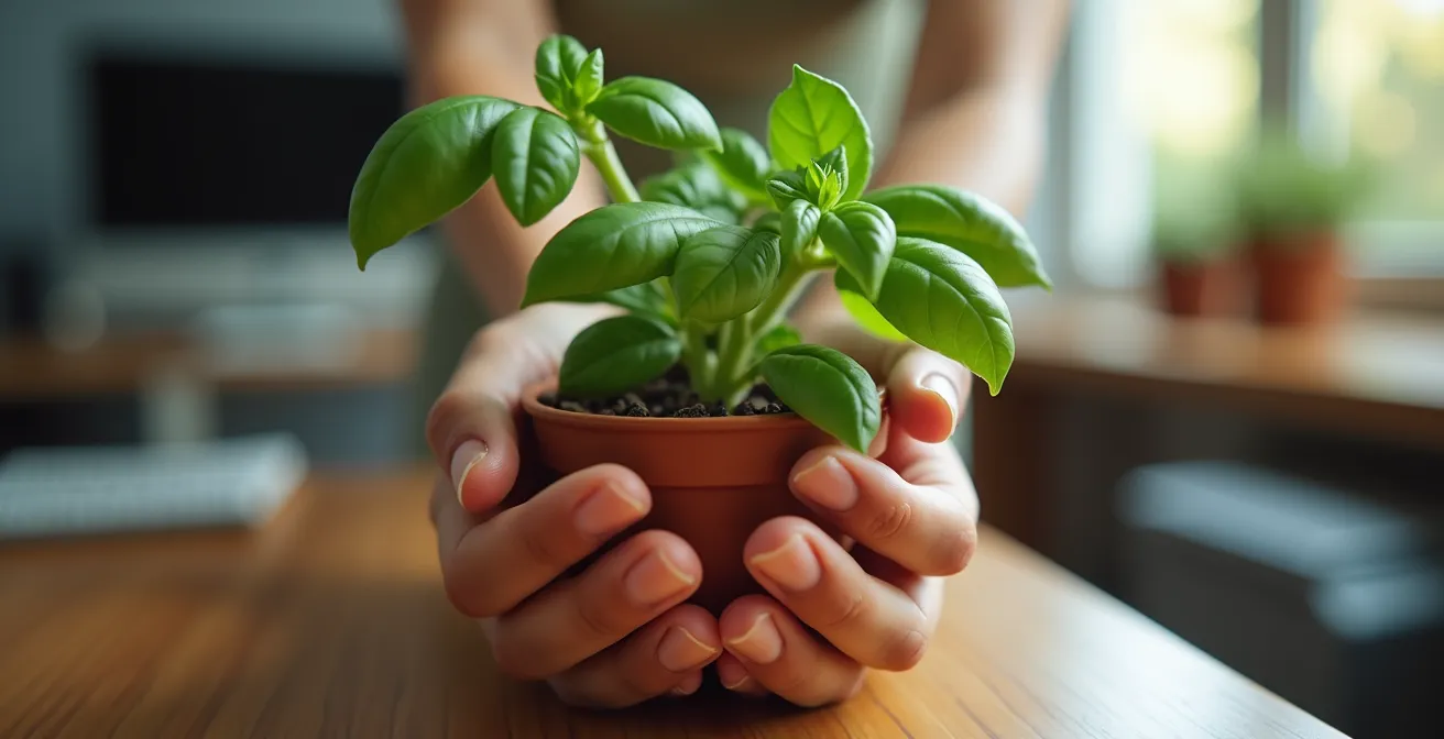 Persona seduta alla scrivania pratica respirazione consapevole con pianta di basilico