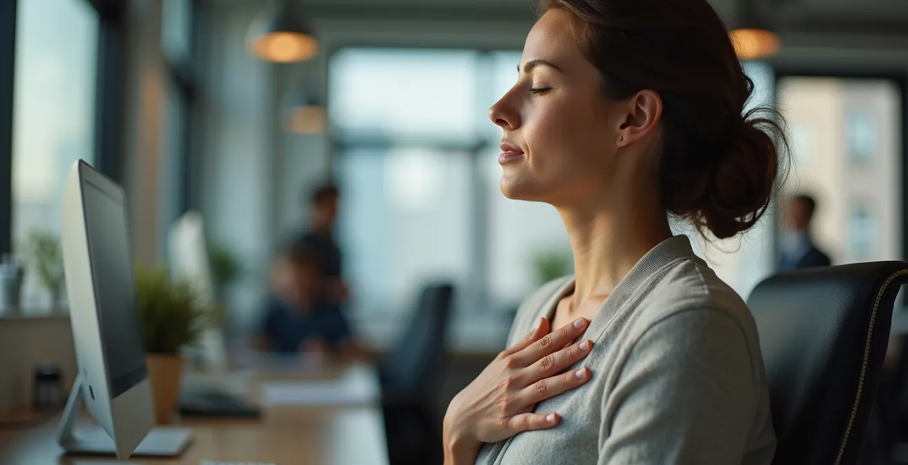 Persona che pratica respirazione consapevole alla scrivania in ufficio italiano