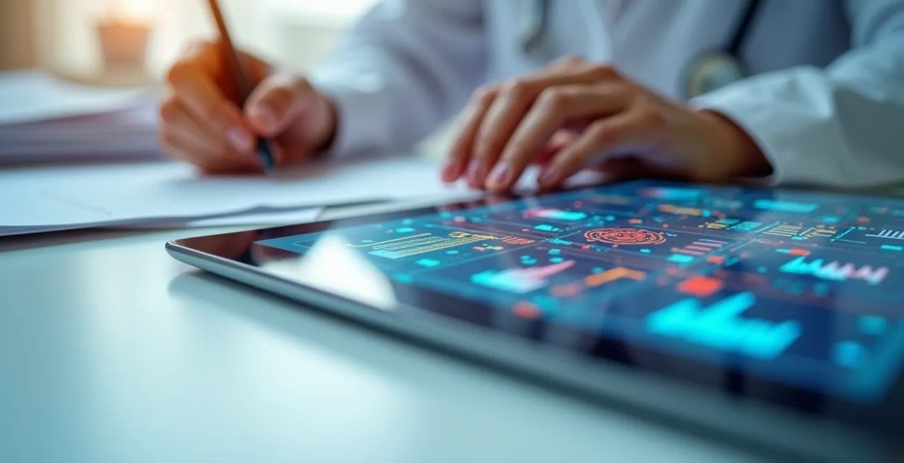 Mani che organizzano documenti medici digitali in un sistema unificato