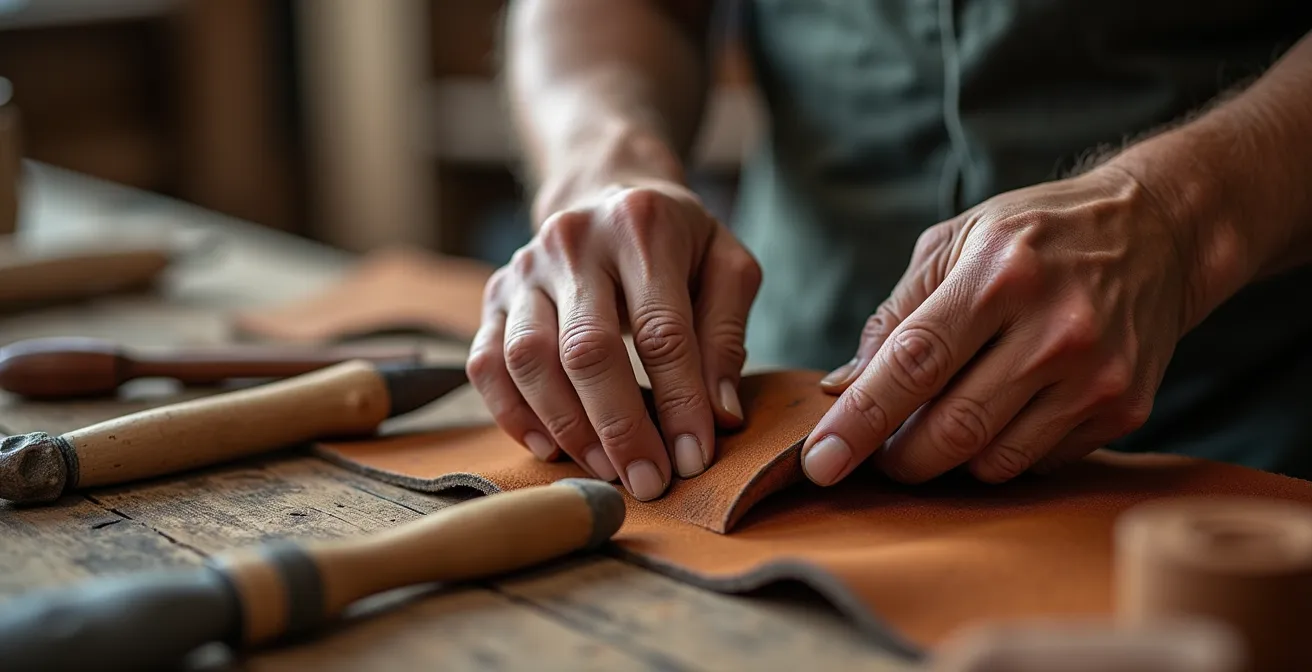 Vista macro delle mani di un artigiano che lavora materiali tradizionali