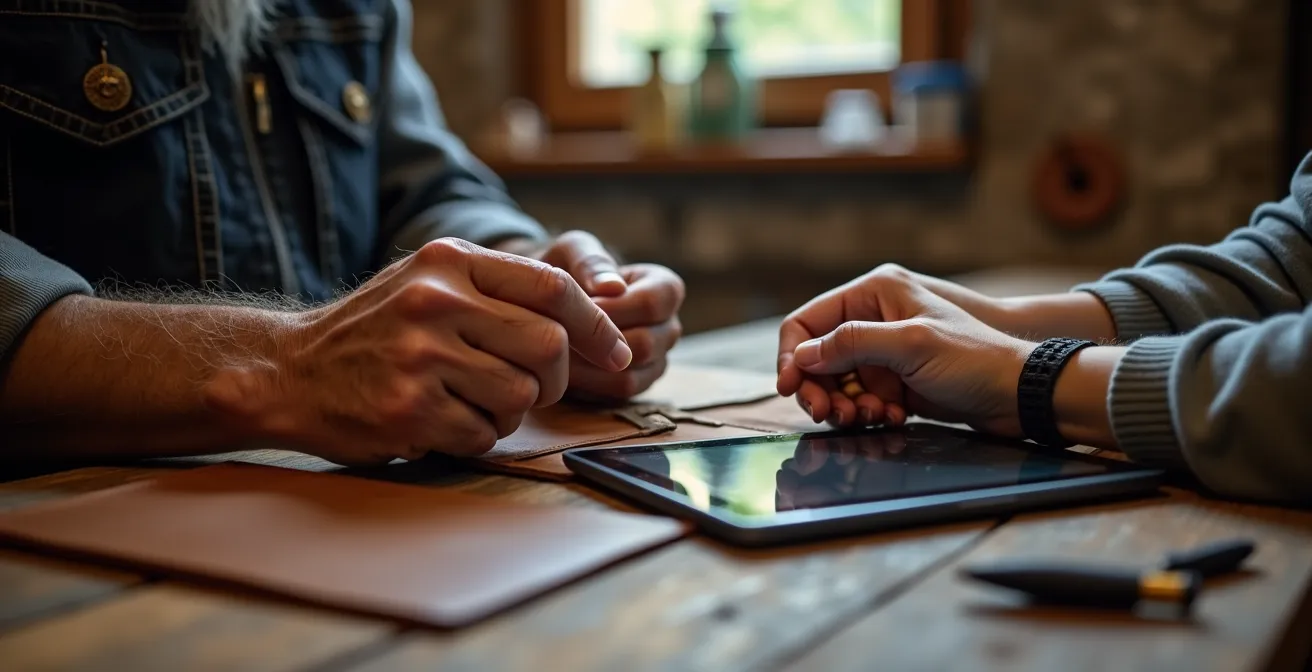 Scambio intergenerazionale di competenze in una PMI italiana con collaboratore senior che insegna il mestiere mentre uno junior mostra l'uso di strumenti digitali