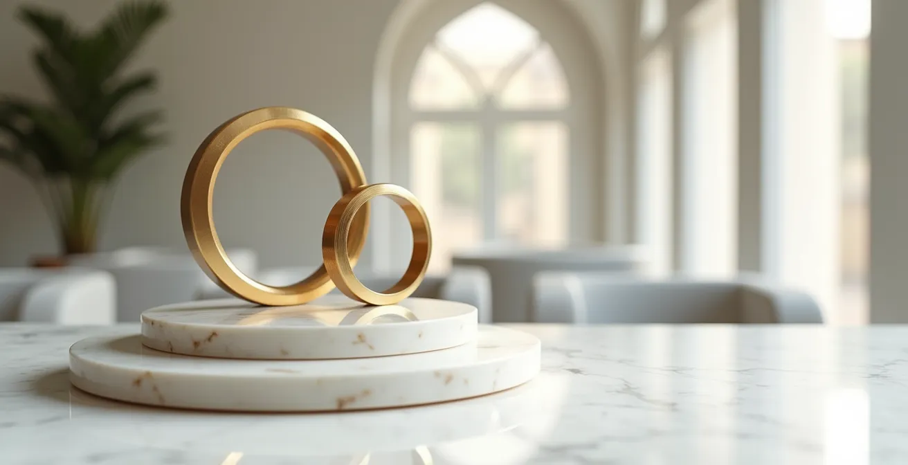 Composizione minimalista con cerchi concentrici dorati che rappresentano il percorso verso l'essenza professionale