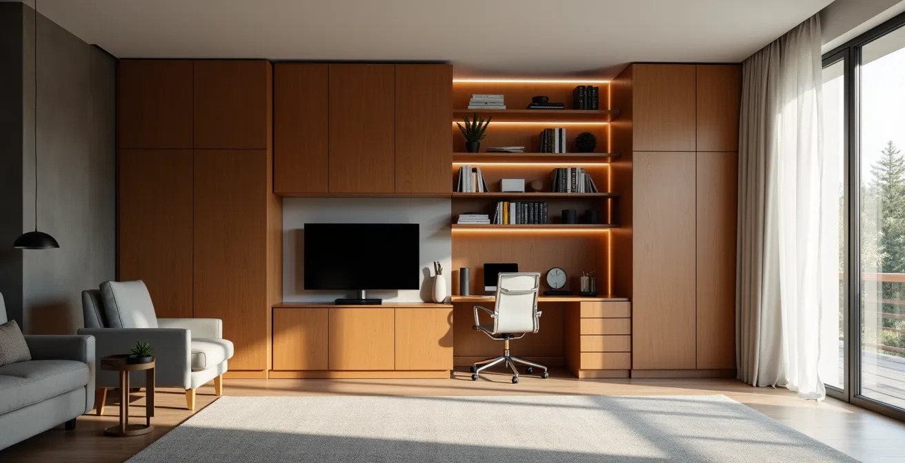 Parete attrezzata con scrivania a ribalta chiusa che nasconde completamente l'ufficio domestico