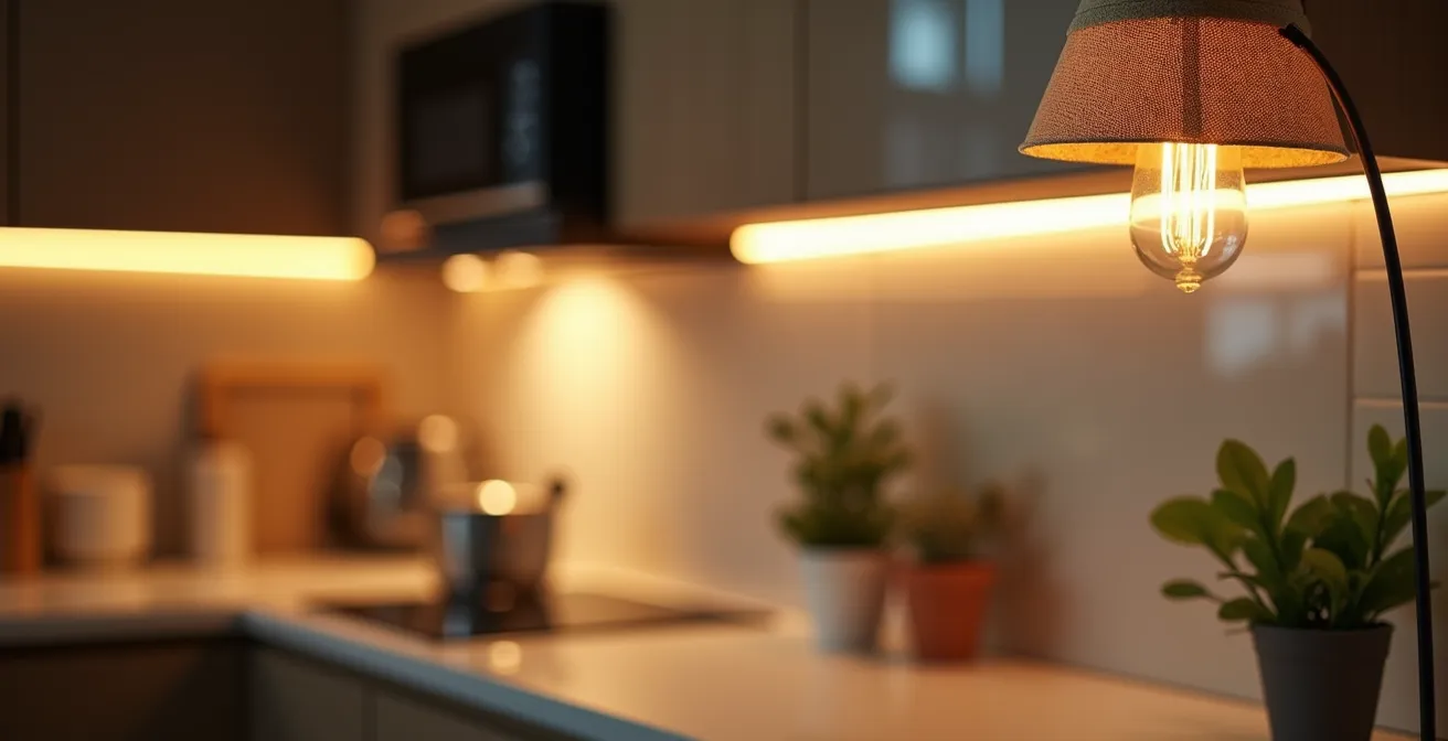 Sistema di illuminazione stratificata economica per monolocale con strisce LED e lampade