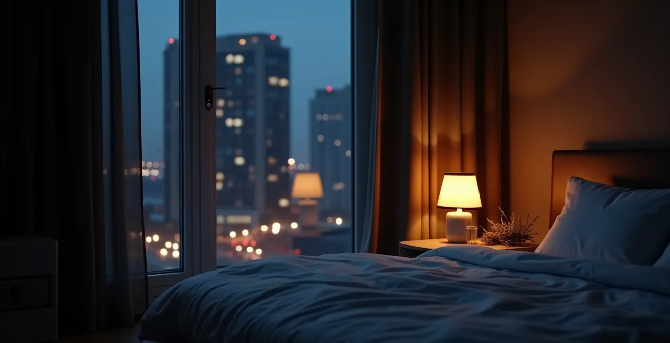 Vista notturna di camera da letto con tende oscuranti che bloccano la luce urbana esterna