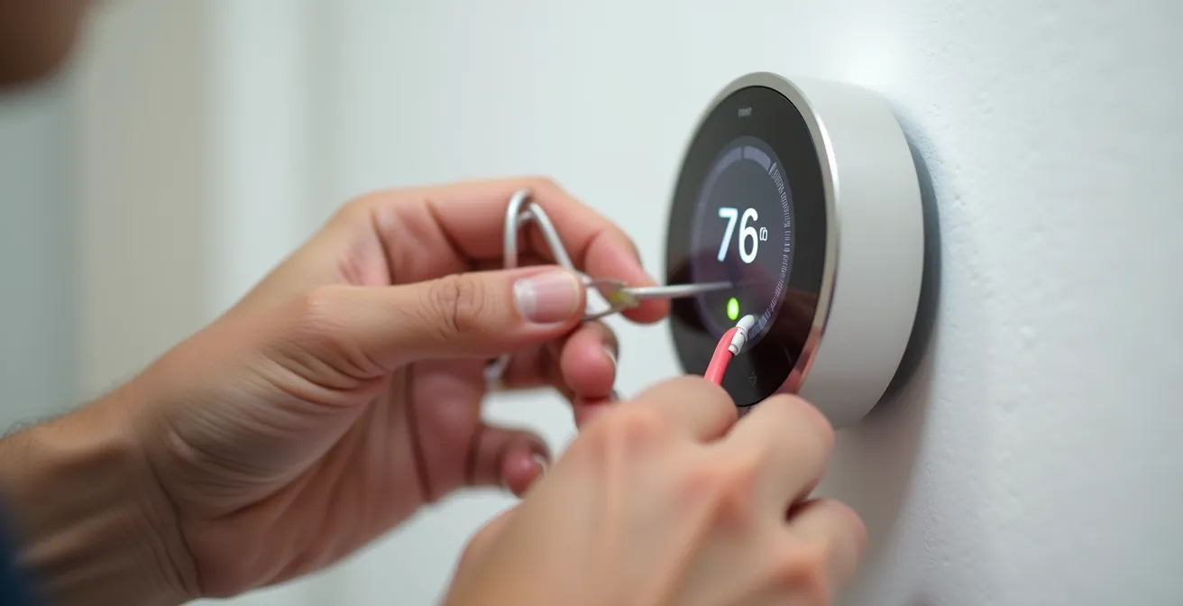 Mani che installano un termostato intelligente su parete bianca con attrezzi professionali