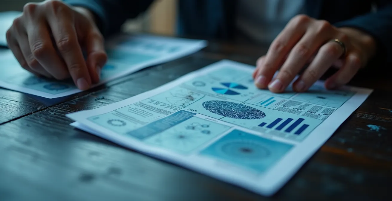 Mani che organizzano documenti professionali con pattern astratti di connessioni digitali